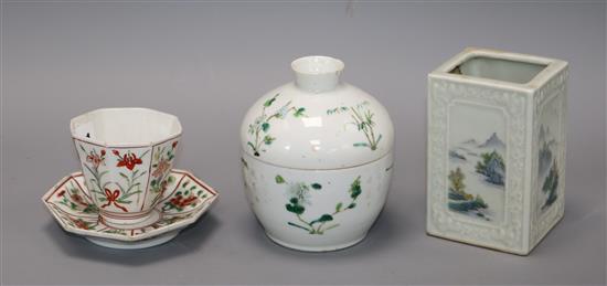 A Chinese tea bowl and saucer, brush pot and a lidded jar tallest 12cm